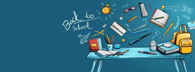 3D illustrated school desk with books and backpacks on a blue background and scattered stationery.
