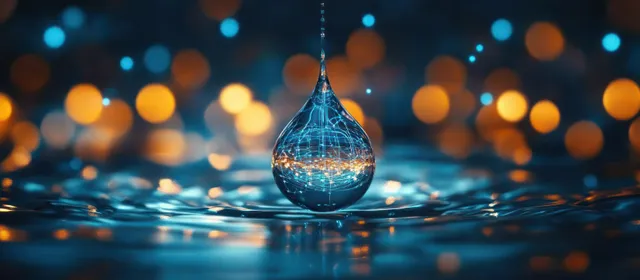 A single water droplet floats above a rippling surface with glowing blue and orange bokeh lights behind it.