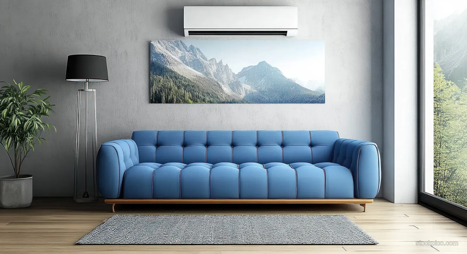 Blue minimalist sofa with gray rug, floor lamp, plant, and mountain wall art beside a bright window.