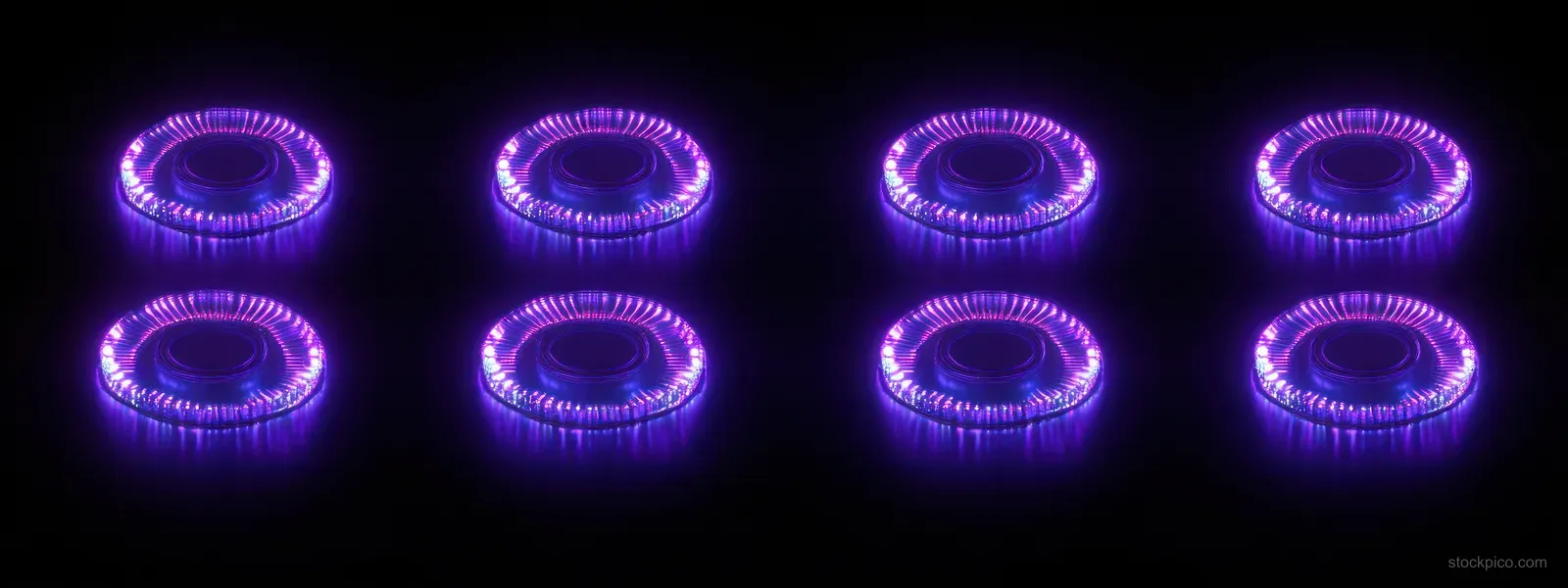 Futuristic purple neon casino chips arranged in a glowing row on a dark background.