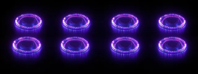 Futuristic purple neon casino chips arranged in a glowing row on a dark background.