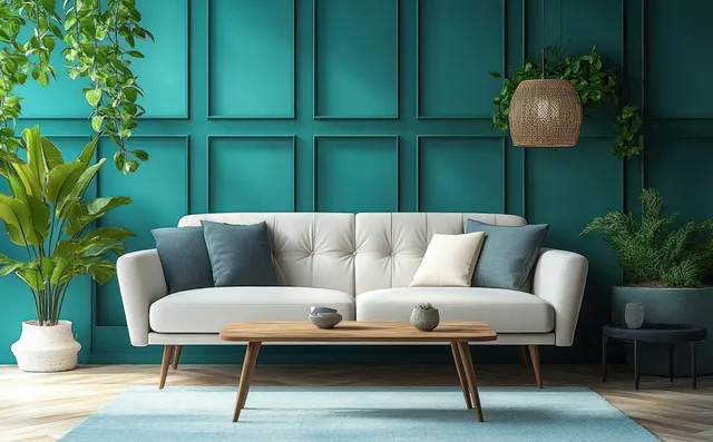 Light gray sofa against a teal paneled wall with a wooden coffee table, cushions, and potted plants in daylight.
