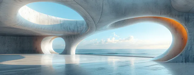 Concrete interior gallery with rounded wall openings showing blue sky and ocean horizon through daylight.
