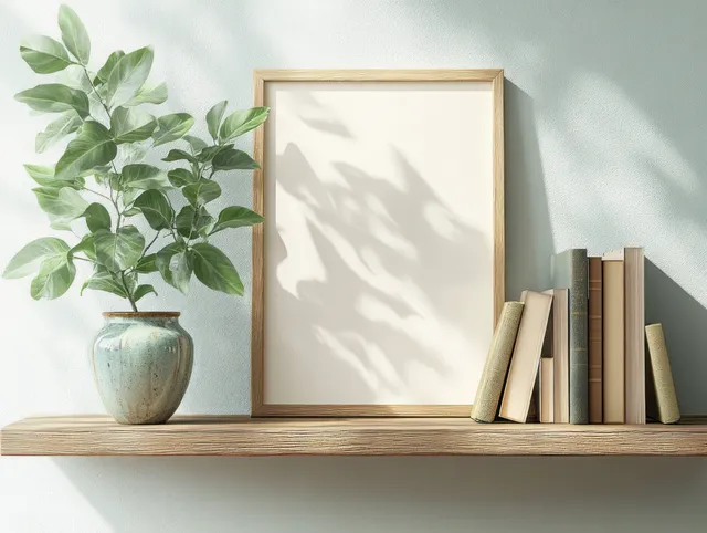 Light wood shelf displays a blank frame, ceramic plant pot, and stacked books with soft window-shadow light.