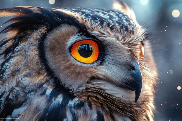 Great spotted owl close-up portrait with a bright orange eye and detailed feathers against a dark, blurred background.