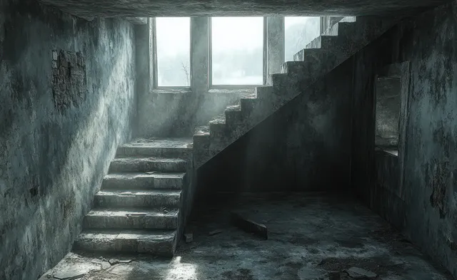 Flood-damaged staircase restoration shows scraped plaster walls, a dark landing, and sunlit steps through windows.