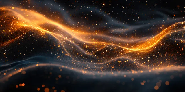Golden dot particles streaming in wave pattern with glowing light on dark cosmic background