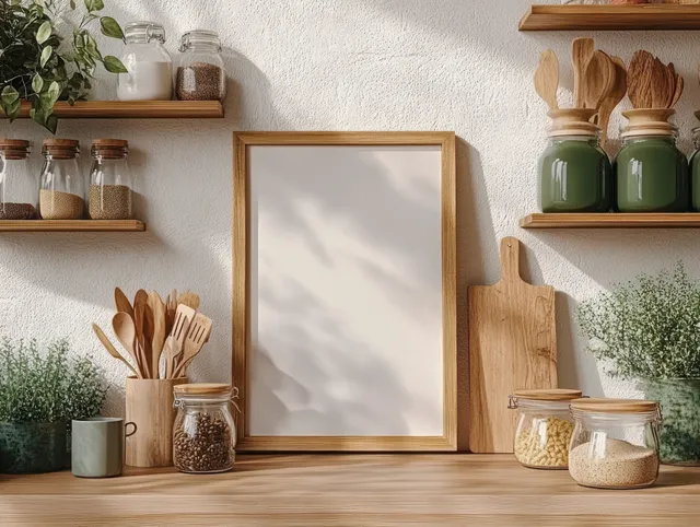 Blank wooden picture frame sits on a kitchen shelf beside wooden utensils and herb jars under soft daylight shadows.