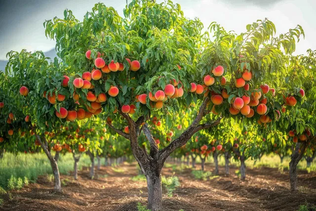 Orange peaches hang from green leafy trees in a sunny orchard with rows of trunks and fruit clusters.