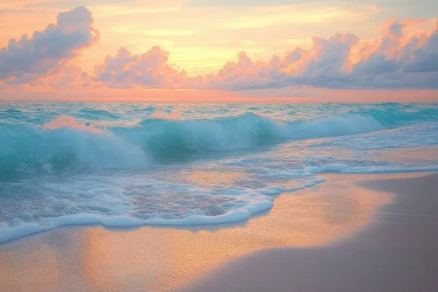 Gentle waves roll onto a sandy beach at sunrise with pastel clouds across the sky.