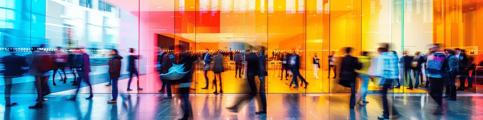 Motion-blurred business crowd walks through a bright conference lobby with glass panels in the background.