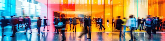 Motion-blurred business crowd walks through a bright conference lobby with glass panels in the background.