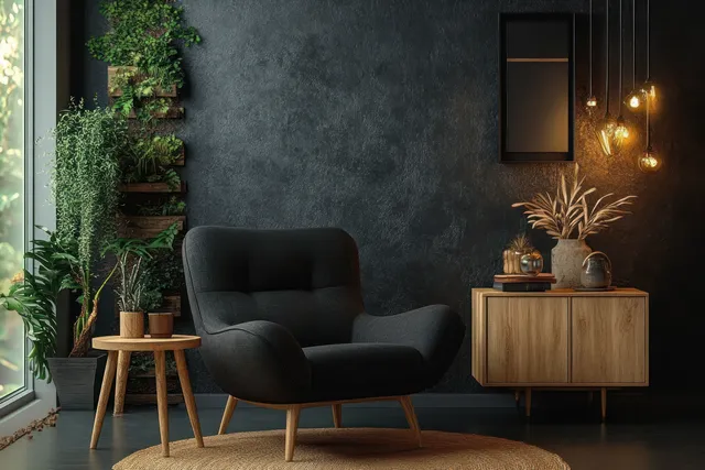 Black lounge armchair and wooden sideboard in a dim minimalist room with dark textured wall and warm hanging lights.