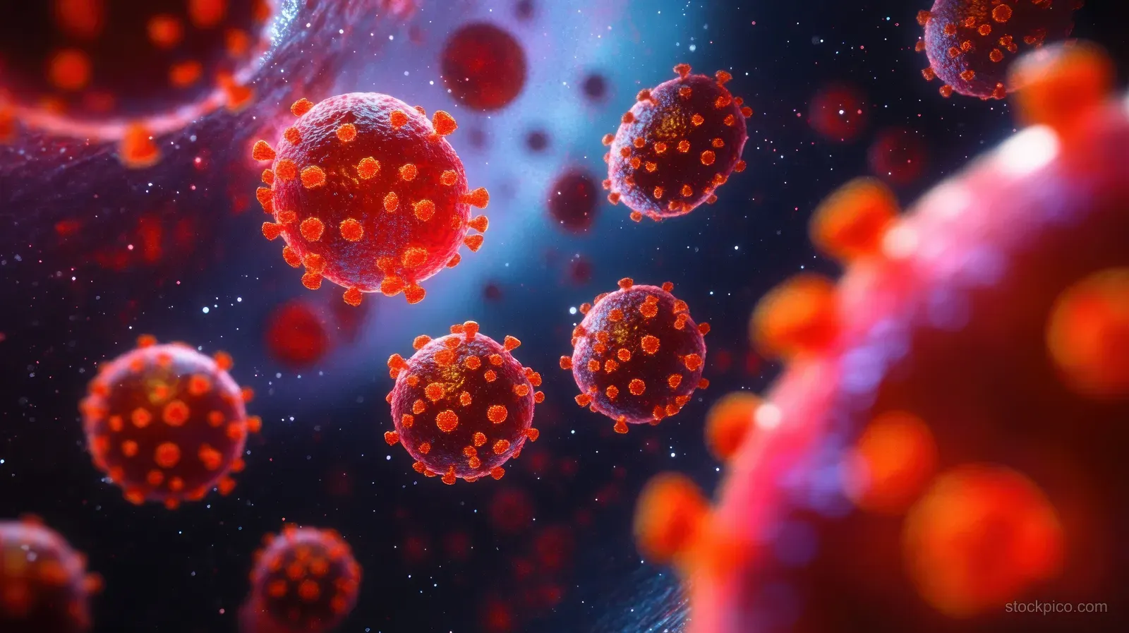 Red measles virus particles float through a glowing bloodstream, surrounded by soft light effects.