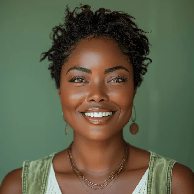 Smiling African American woman wearing a sage vest over a white top in front of a solid green background.