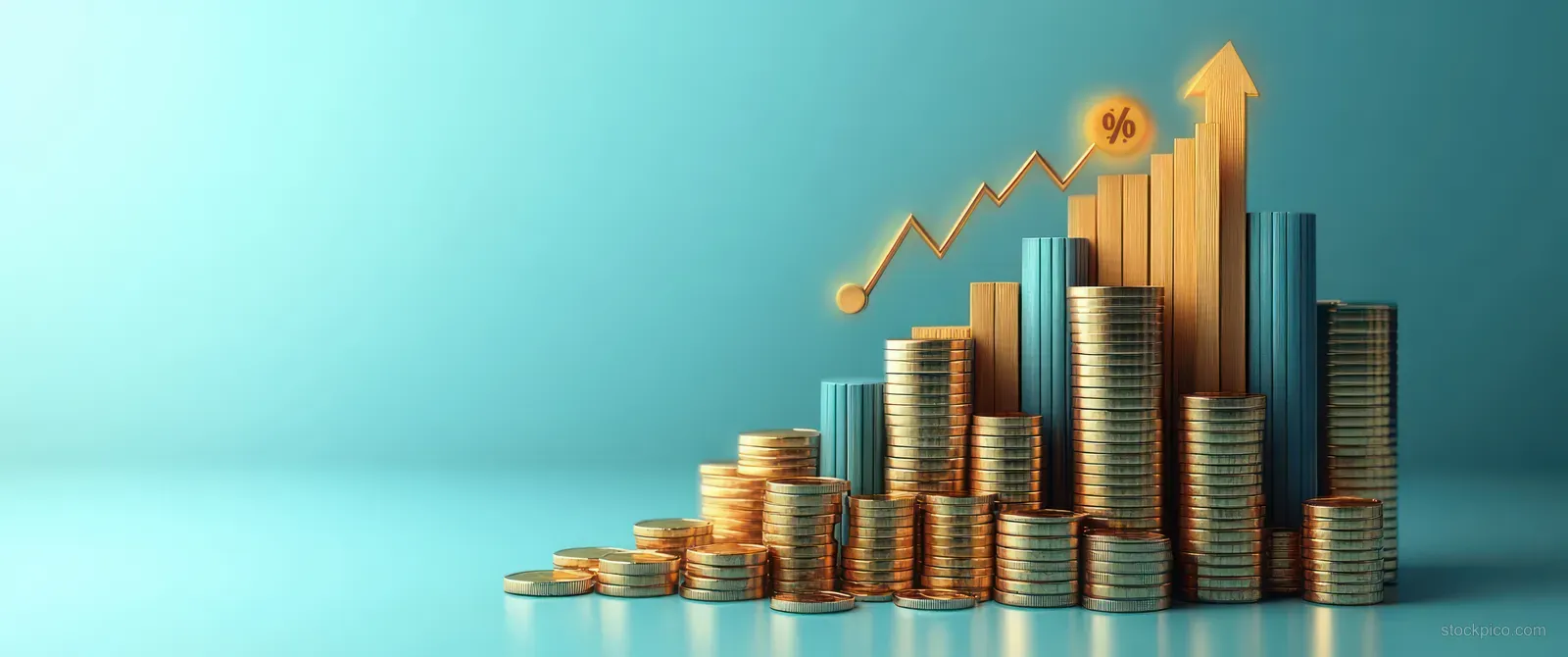 Wooden coin blocks stacked in columns next to an upward arrow on a teal financial graph background.