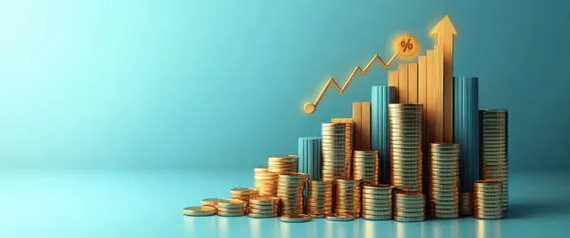 Wooden coin blocks stacked in columns next to an upward arrow on a teal financial graph background.