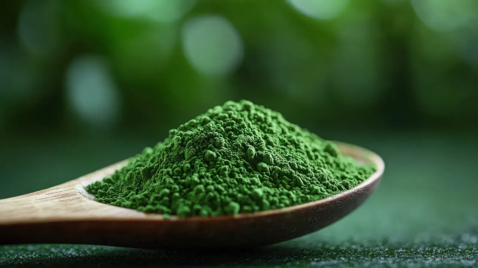 Vibrant green matcha powder sits in a wooden spoon with a softly blurred green background.