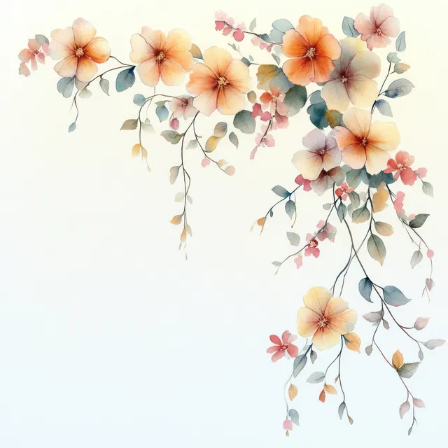 Watercolor orange and peach flowers with trailing leaves cascade across a pale background.