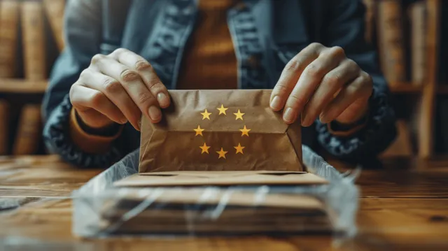 Woman’s hands insert an EU star envelope into a clear ballot box on a wooden table.