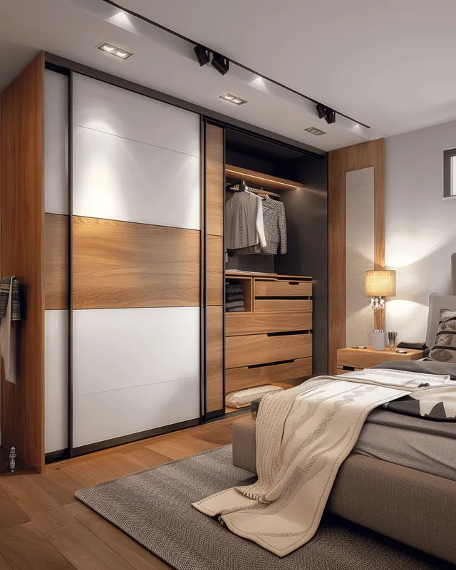 A modern Scandinavian bedroom showcases a white and wood sliding door wardrobe, warm lighting, and minimalistic decor for a cozy feel.