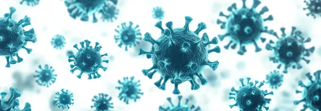 Glowing coronavirus-like particles scatter across a pale light-blue abstract background.