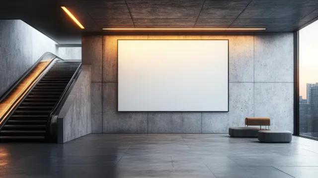 Blank canvas centered on a concrete gallery wall, illuminated by warm spotlights with a bench below and a city view.