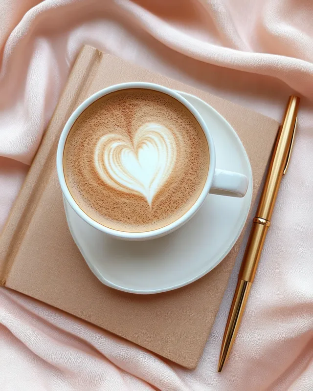 Heart-shaped latte art in a white cup rests on a saucer beside a beige notebook and gold pen on pink fabric.