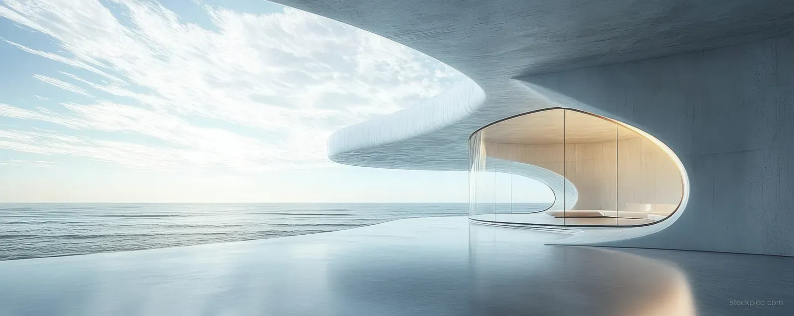 Curved concrete building with a large glass window revealing a calm ocean under cloudy daylight.