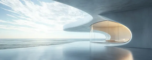 Curved concrete building with a large glass window revealing a calm ocean under cloudy daylight.