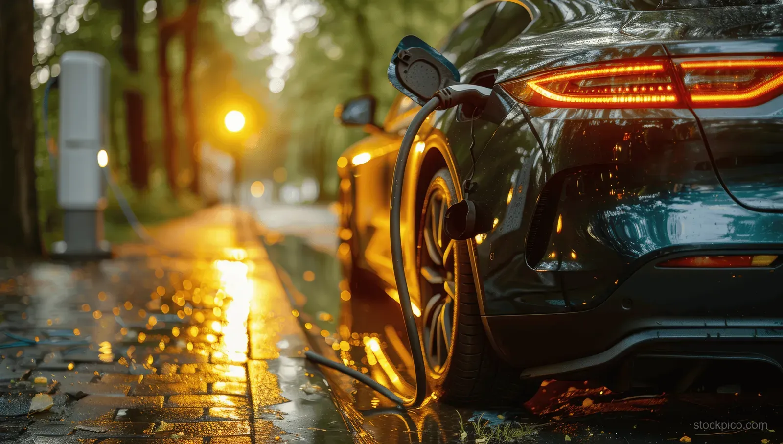Electric car rear connected to a charging cable at night beside park greenery and glowing lights.