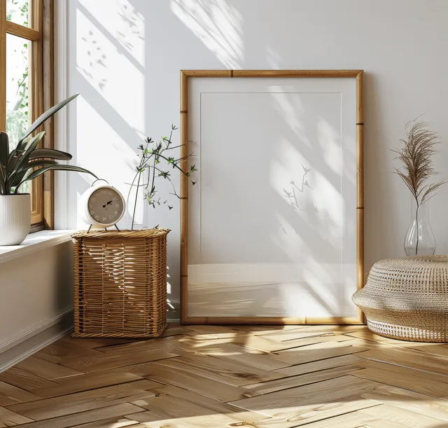 Wooden picture frame mockup in a bright white room beside a wicker table, alarm clock, and sunlit shadows.