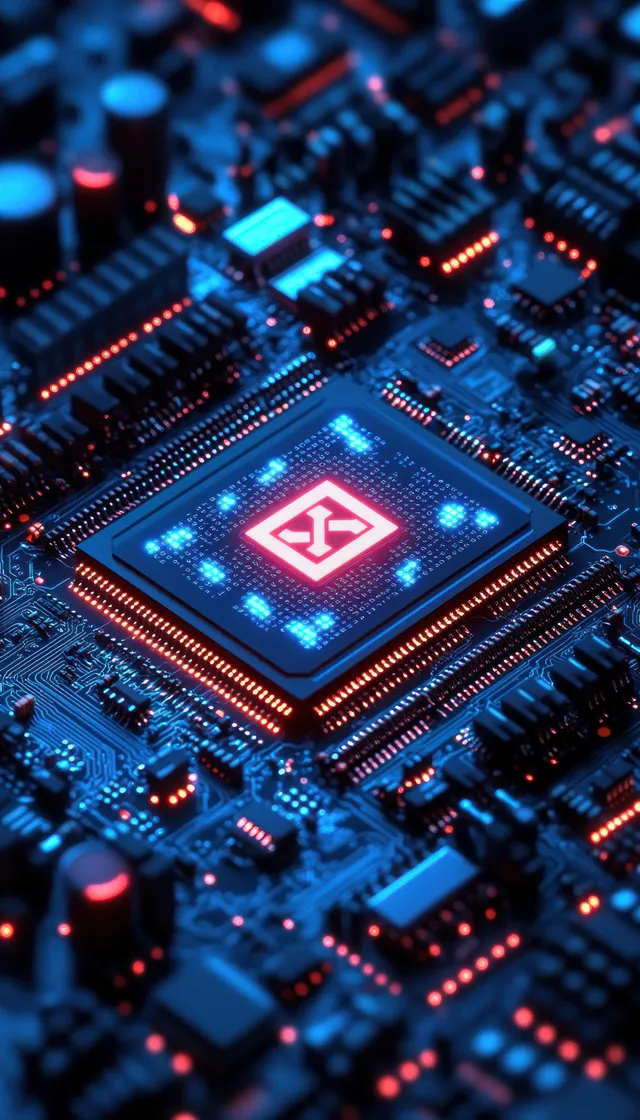 Glowing microchip on a blue circuit board with red LED lights surrounding it.