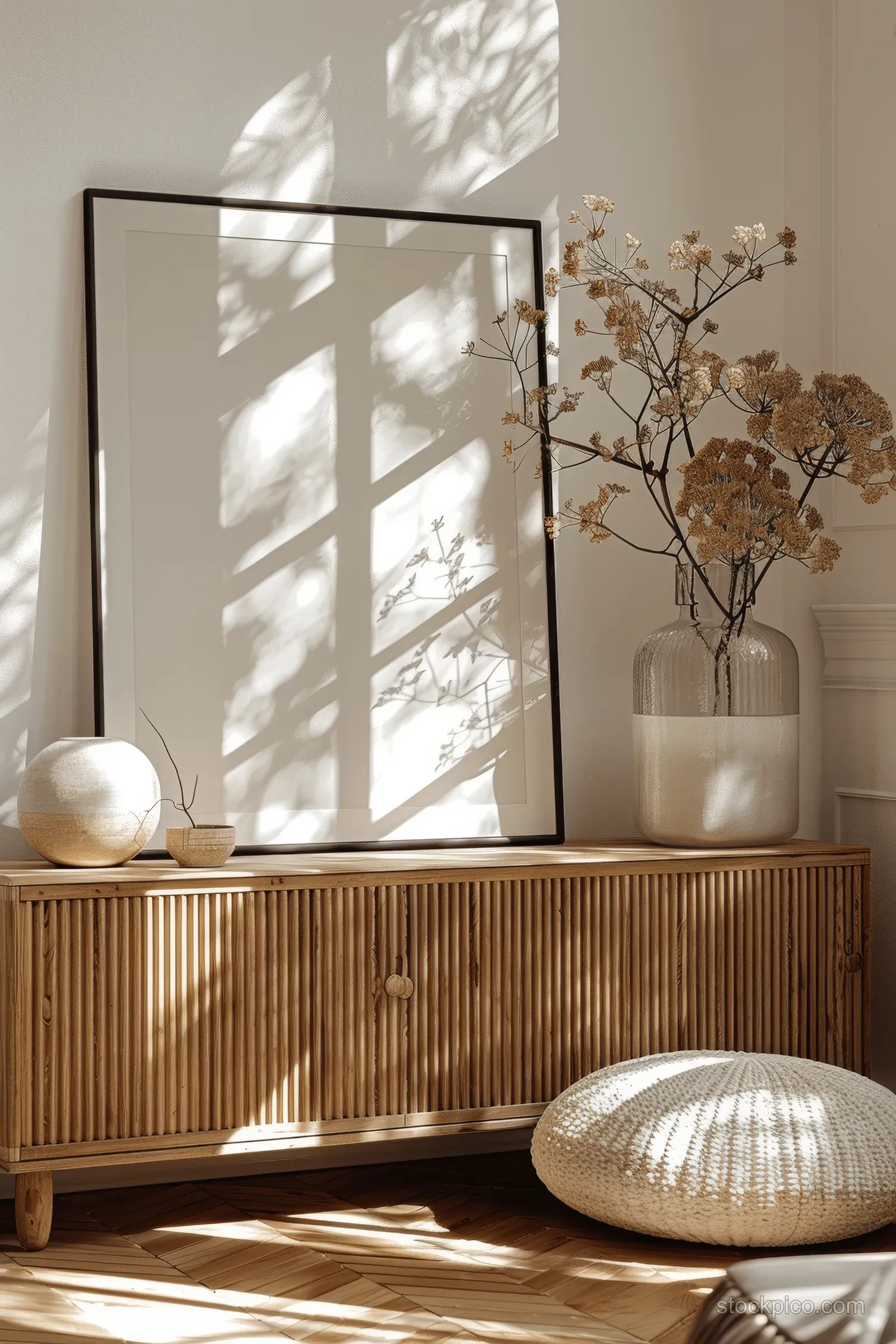Sunlit minimalist living room with a wooden sideboard, framed poster mockup, beige decor, and a vase of branches.