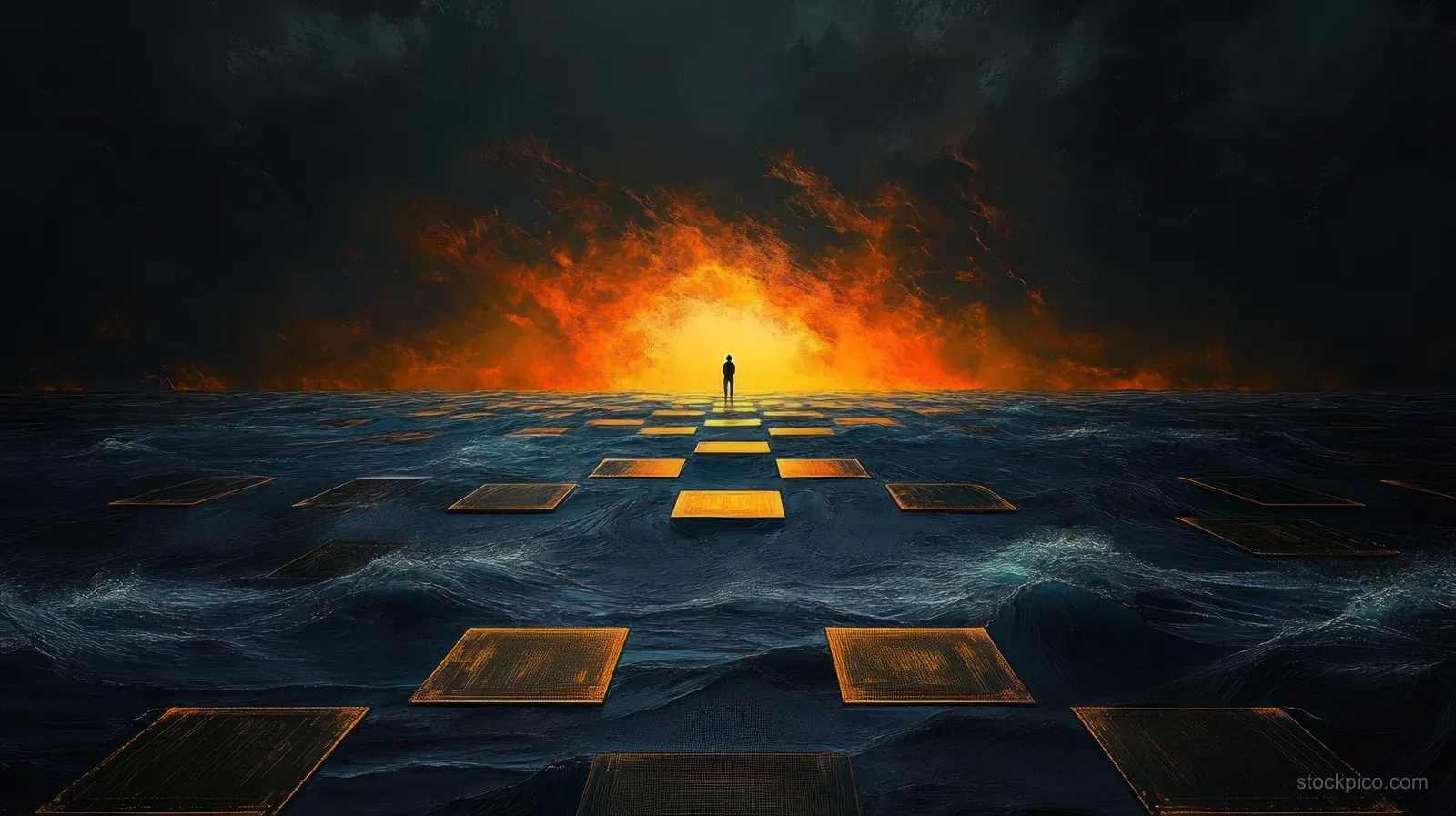 A lone silhouette stands on glowing golden platforms amid stormy dark waves under a fiery orange horizon.
