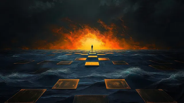 Lone silhouette stands on glowing golden platforms over a stormy dark sea