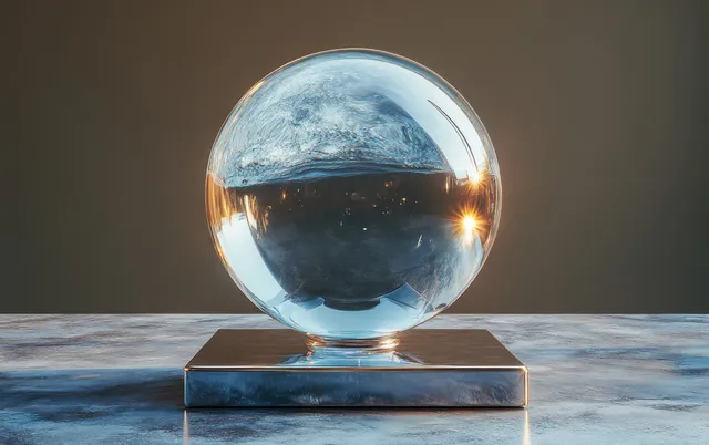 Transparent glass snow globe with metallic base sits on a frosty surface in soft studio lighting.