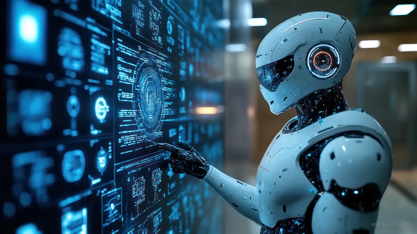 Humanoid medical robot points to glowing holographic health charts in a neon cyberpunk hospital corridor.