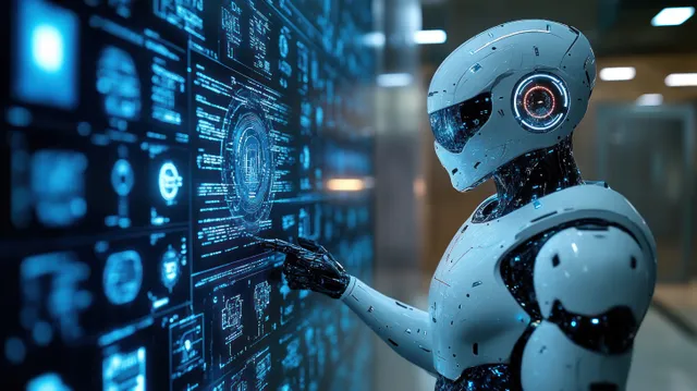 Humanoid medical robot points to glowing holographic health charts in a neon cyberpunk hospital corridor.