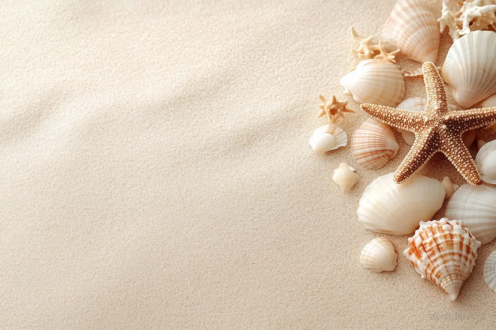 Seashells and a starfish resting on sandy beach in a corner frame with warm natural tones.