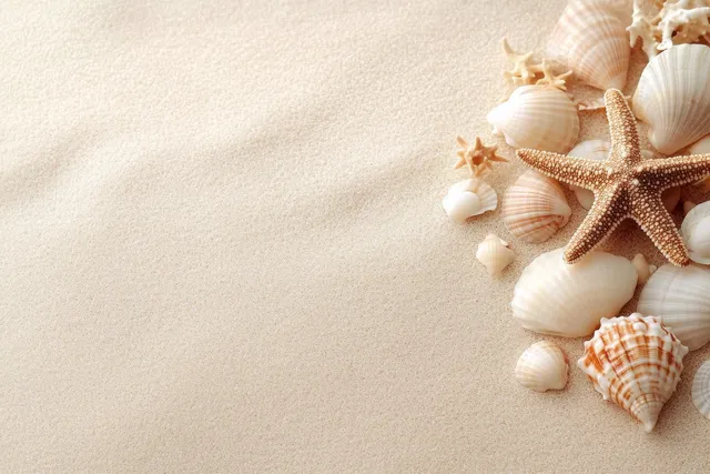 Seashells and a starfish resting on sandy beach in a corner frame with warm natural tones.