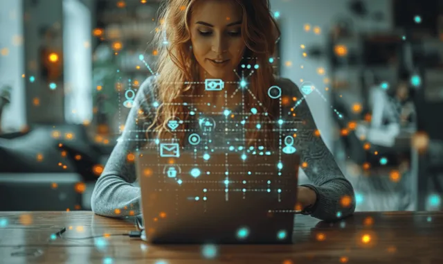Businesswoman typing on a laptop with glowing chat and CRM interface overlays for online customer support.