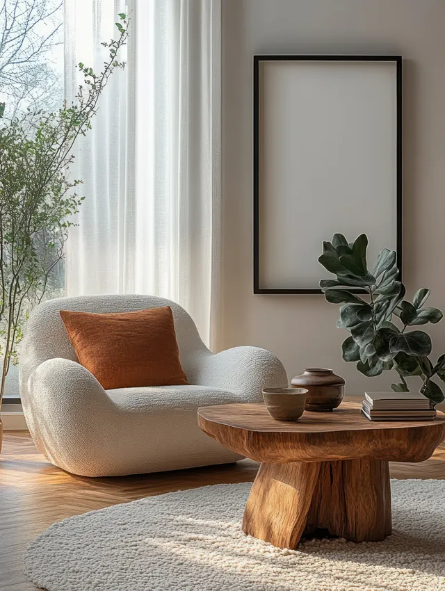 Modern Living Room Interior with Armchair, Rustic Coffee Table, and Copy Space Wall Art