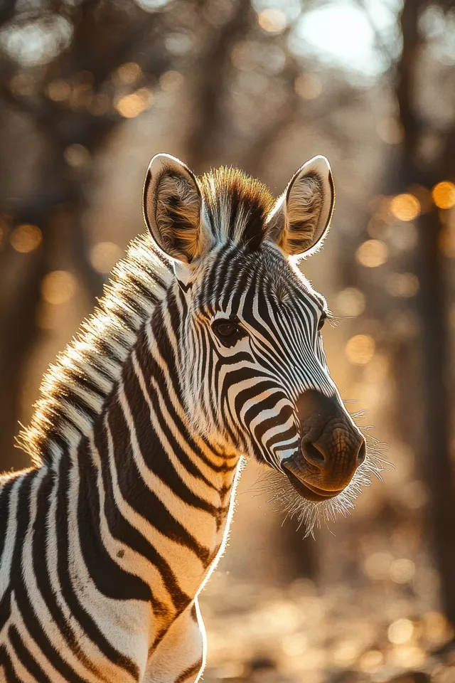 Young zebra portrait in warm sunset light, sharp stripes and soft bokeh savanna background