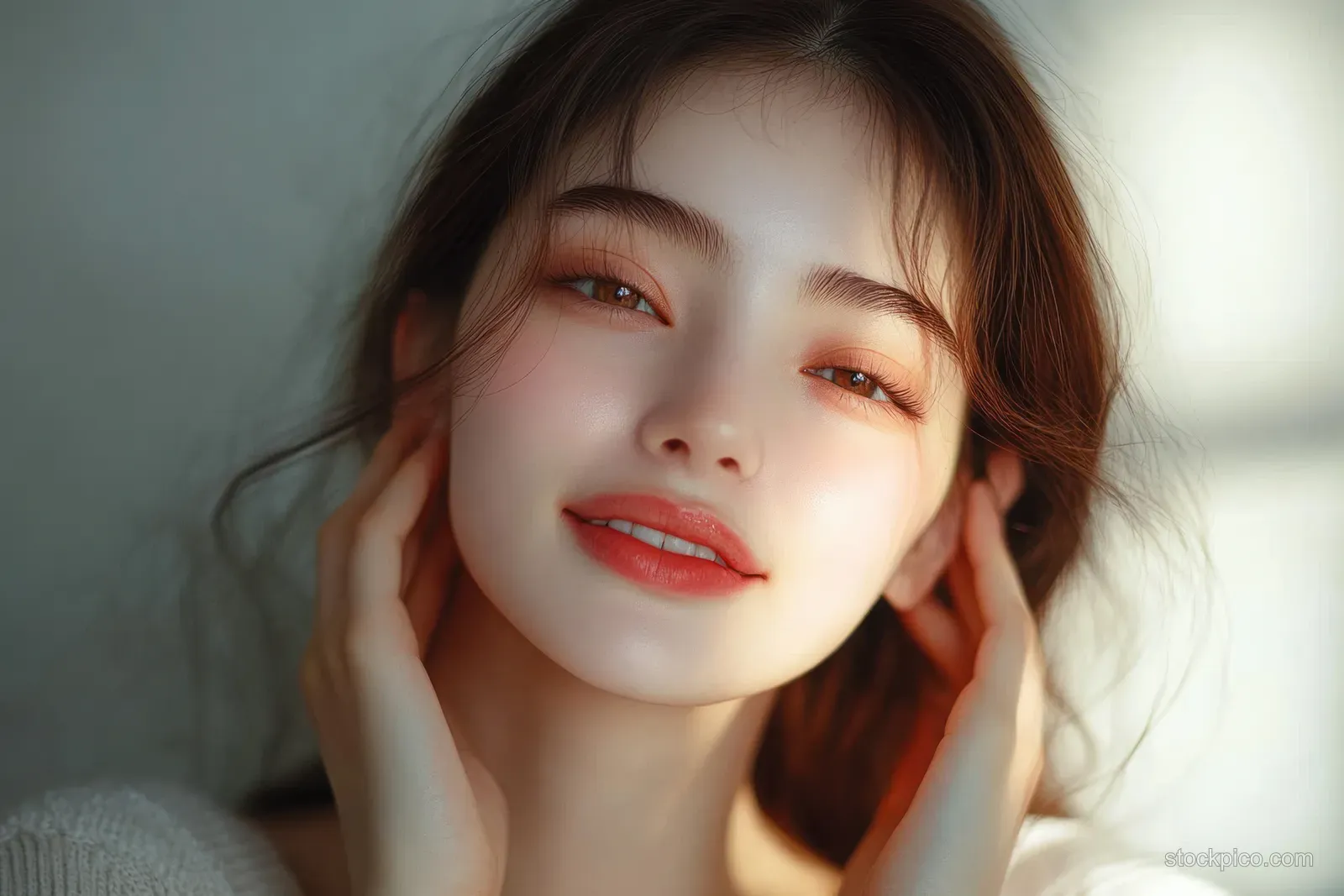 Asian woman in morning light gently touching her cheeks in a serene skincare portrait with soft blurred background.