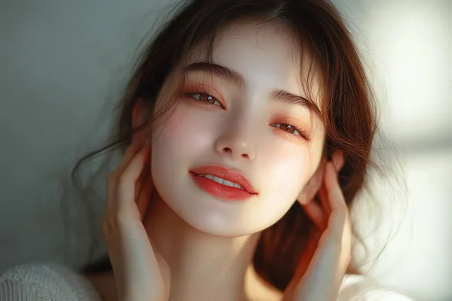 Asian woman in morning light gently touching her cheeks in a serene skincare portrait with soft blurred background.