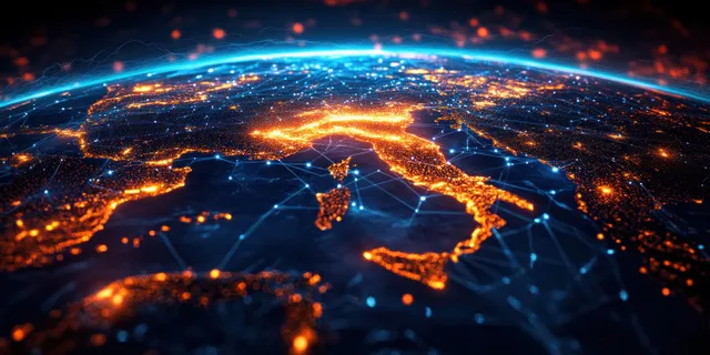 Futuristic digital Middle East and North Africa map with glowing network links