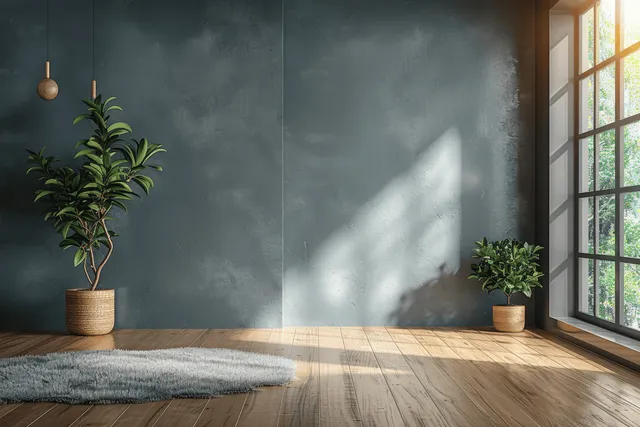 Minimalist living room corner with dark gray wall, large window, wooden floor, potted greenery