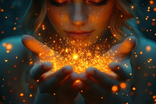 Woman holding glowing golden sparkles in cupped hands under dim night light
