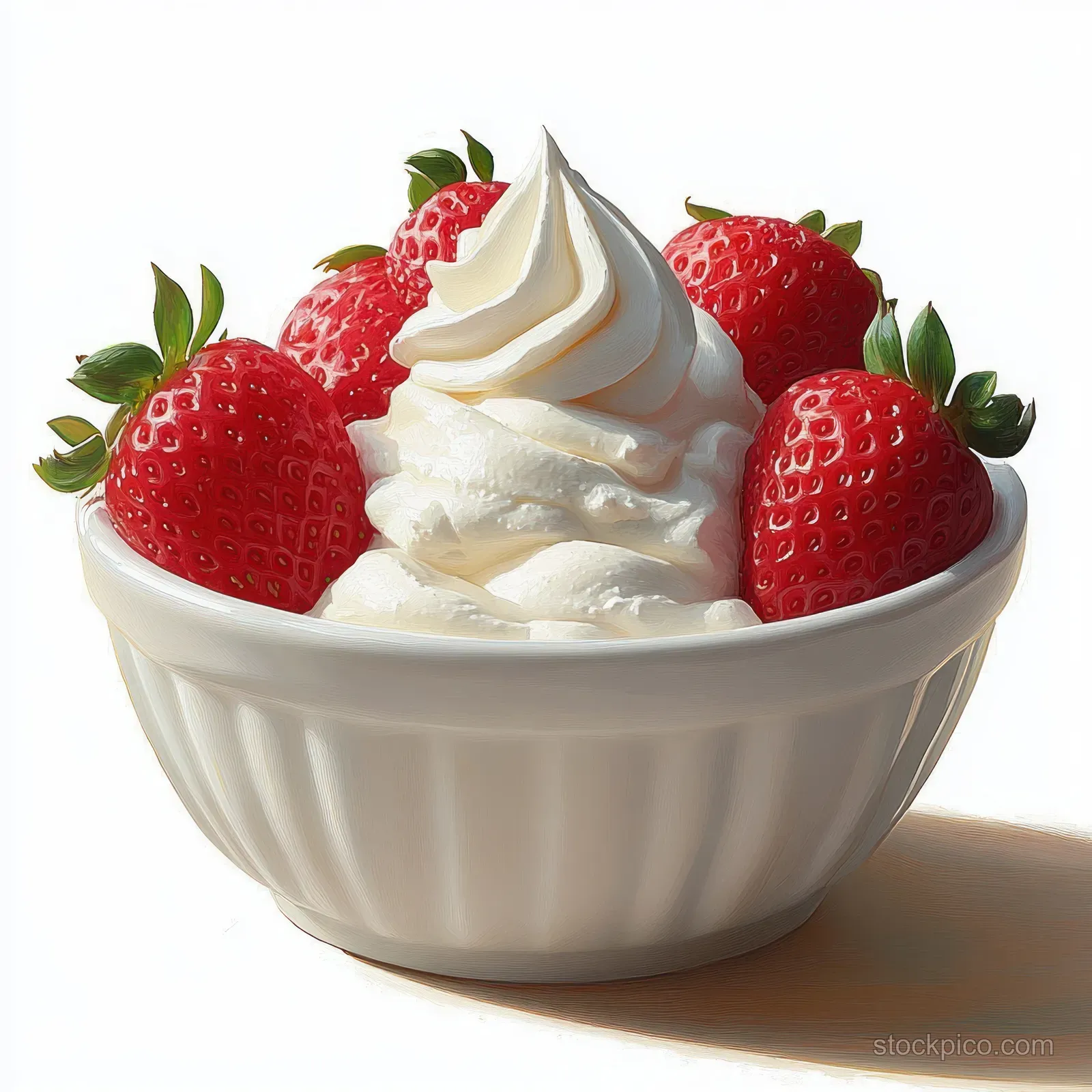 Ripe red strawberries and a swirl of whipped cream in a white bowl on a bright white background.